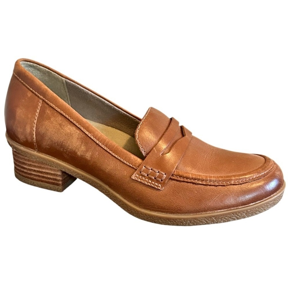 Dansko Danica Penny Loafer 39 8.5 9 Tan Brown Burnished Leather Block Heel Shoes